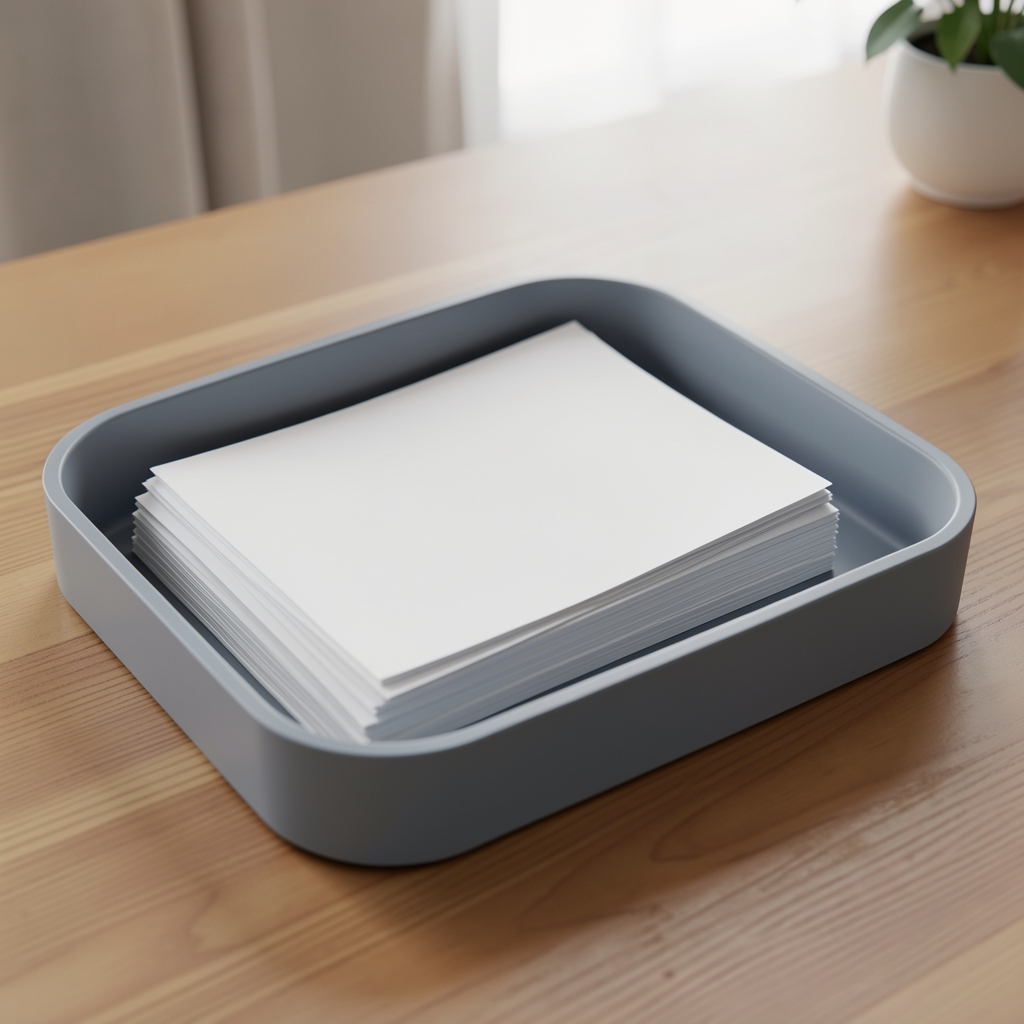 Bandeja apilable azul grisácea con papeles blancos sin texto sobre mesa ordenada