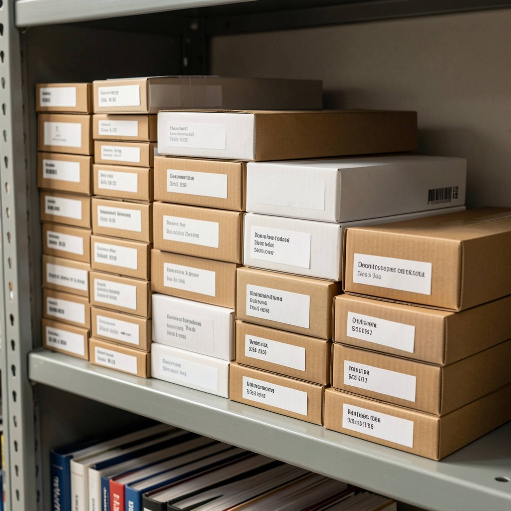 Cajas para documentos de distinto tamaño apiladas con etiquetas en blanco sobre estante