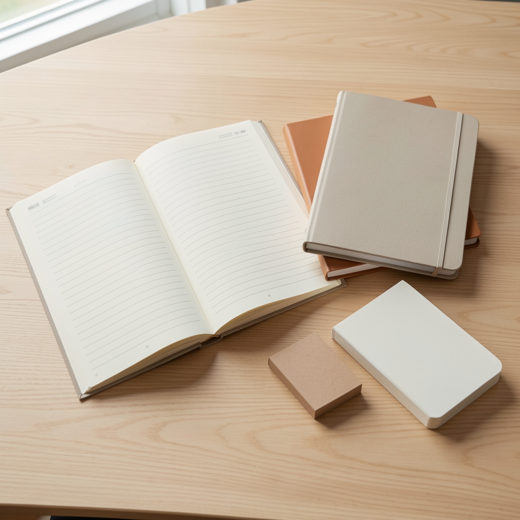 Cuadernos A5 y A4 abiertos junto a bloc de notas pequeño sobre escritorio de madera clara
