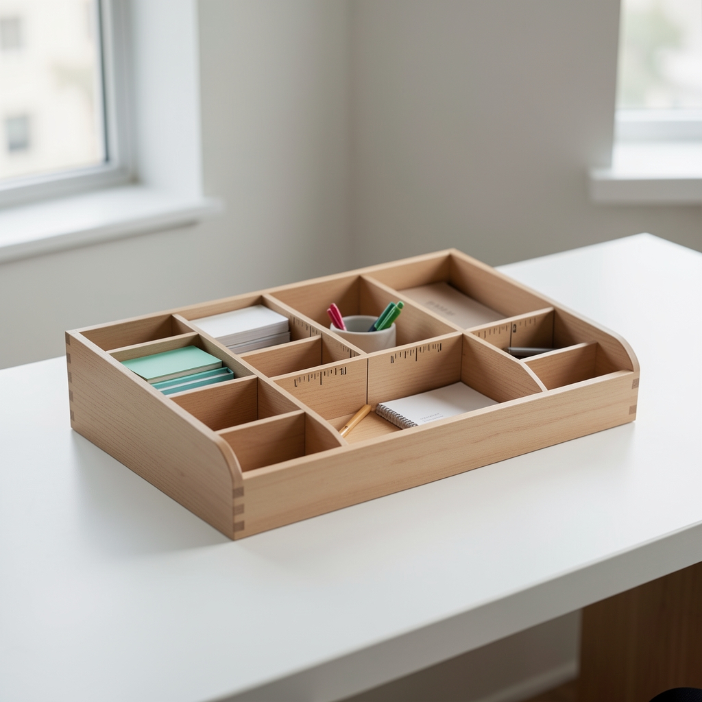 Organizador de escritorio con compartimentos medidos sobre mesa clara