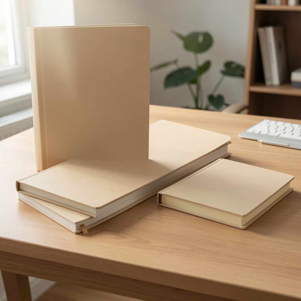 Colección de cuadernos A4 y A5 y blocs de notas en tonos beige sobre escritorio sin personas