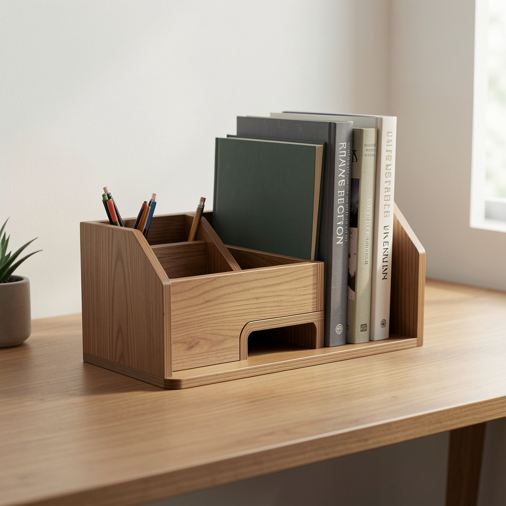 Organizador modular de madera con portalápices y soporte para libros sobre escritorio minimalista sin personas