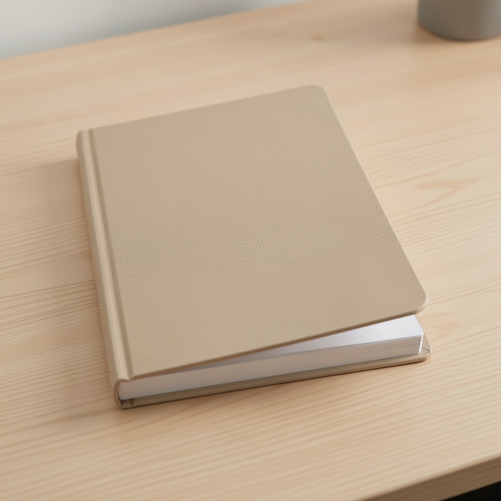 Cuaderno A5 de tapa beige y hojas blancas sobre escritorio de madera clara