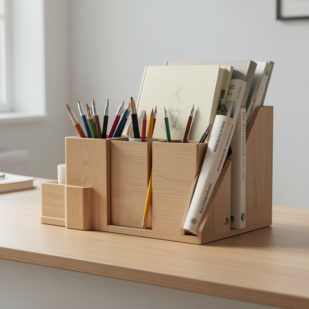 Organizador modular portalápices y soporte para libros sobre escritorio minimalista sin personas