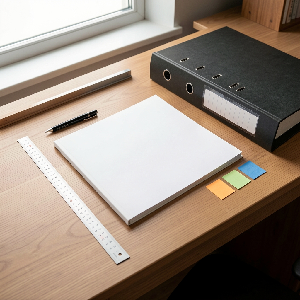 Mesa de trabajo con regla metálica cuaderno archivador y etiquetas de formato A4 sin personas