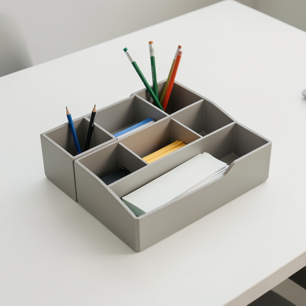 Organizador de escritorio modular con compartimentos para lápices y papeles sobre superficie clara