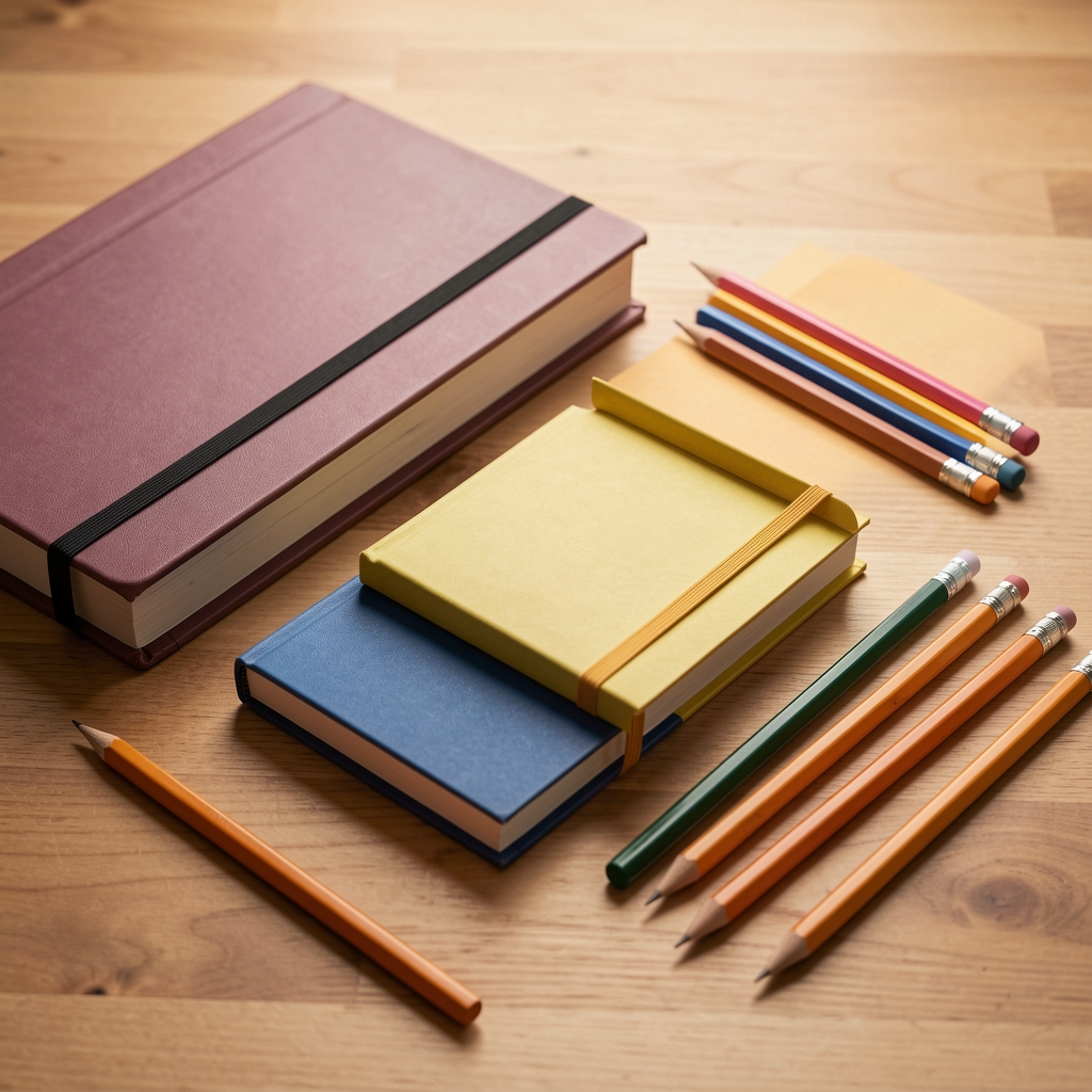 Cuadernos blocs y lápices dispuestos en una composición de papelería argentina sin manos