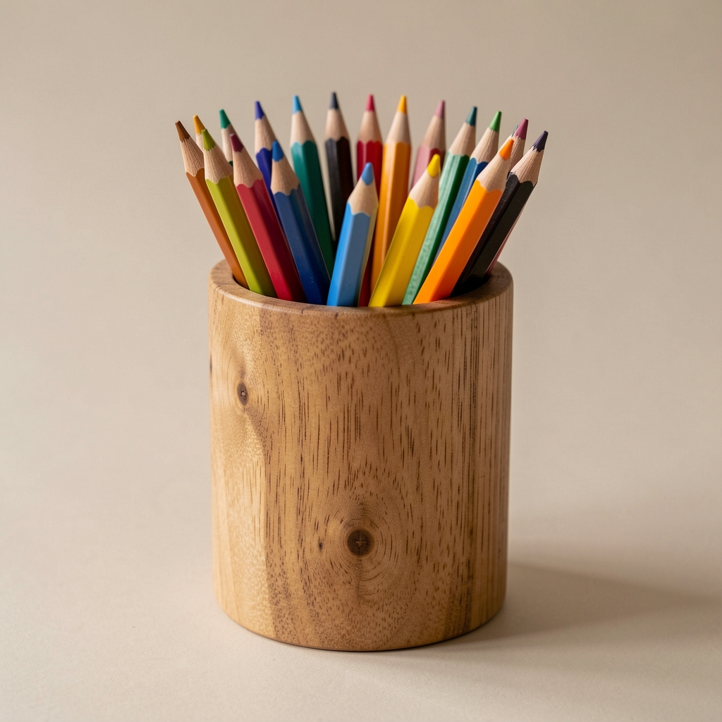 Portalápices cilíndrico de madera natural con lápices de colores sobre superficie neutra