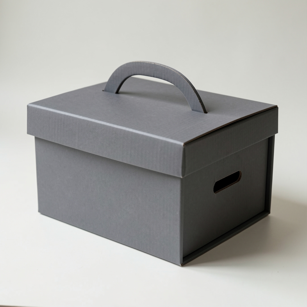 Caja para documentos de cartón rígido gris grafito con tapa y asa lateral
