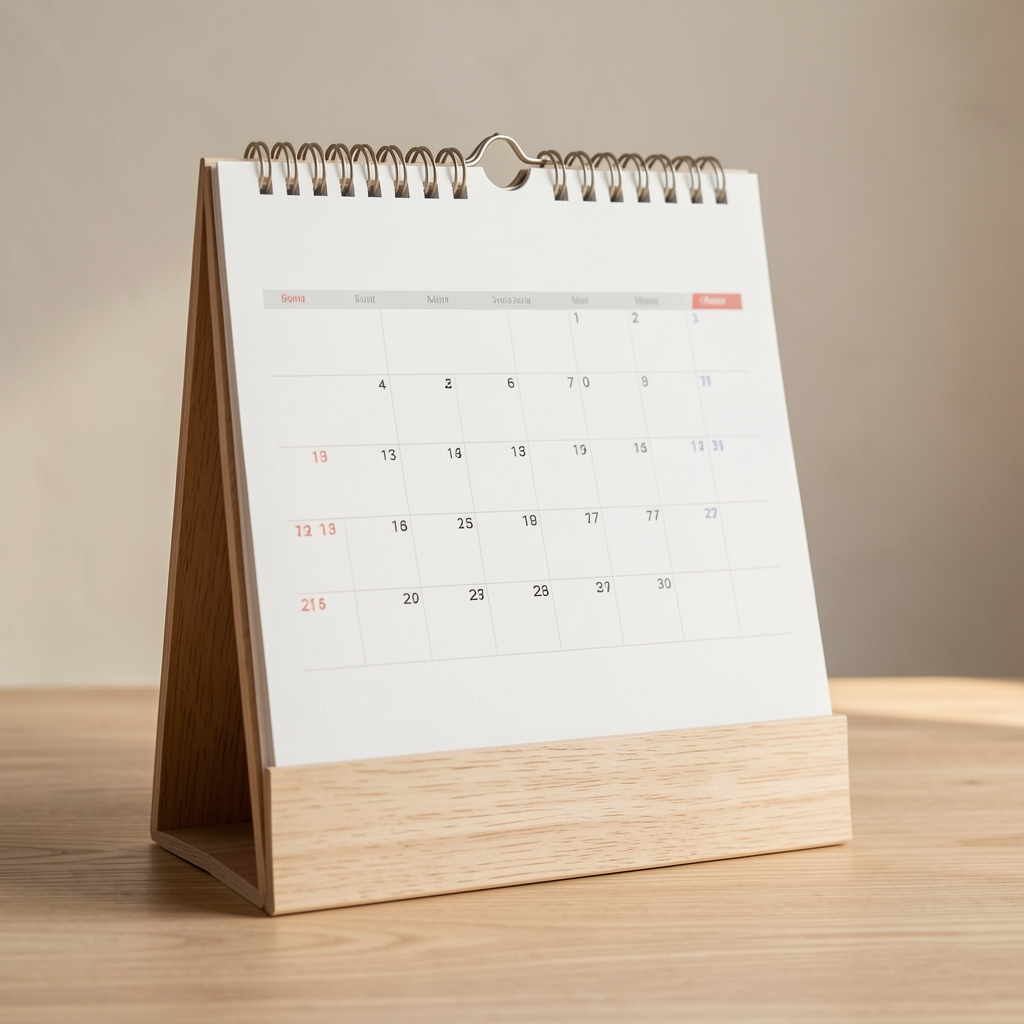 Calendario de escritorio mensual en formato caballete con base de madera clara