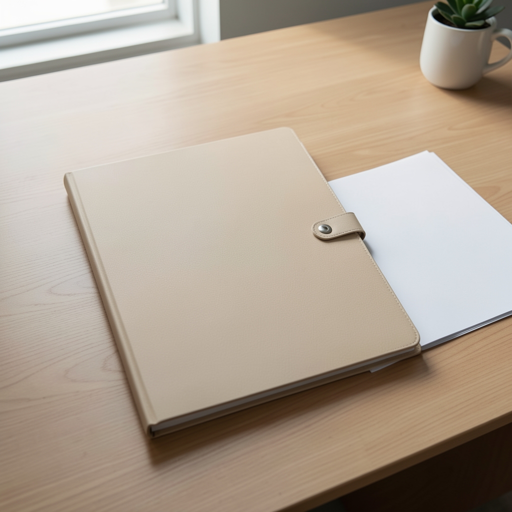 Carpeta A4 beige con solapa y broche elástico junto a hojas blancas sobre escritorio