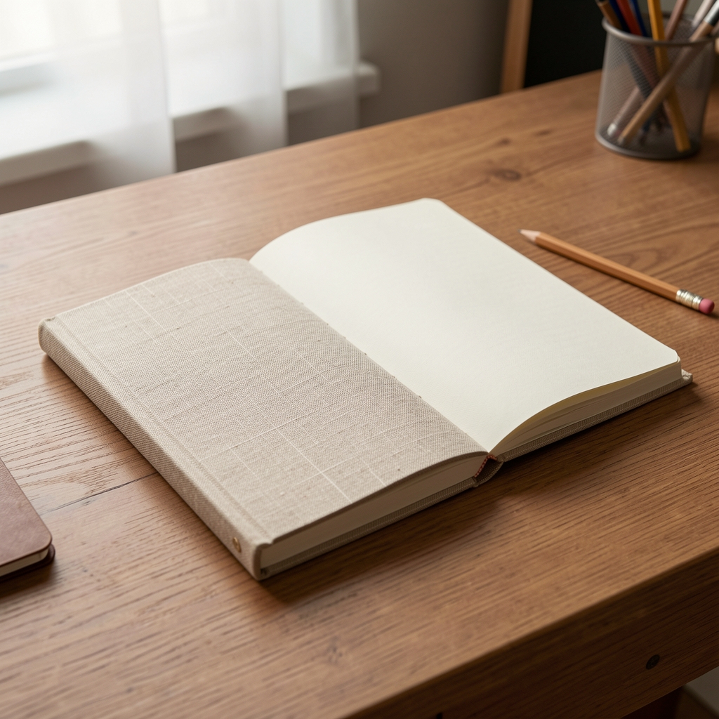 Cuaderno A5 de tapa de lino beige abierto junto a lápiz sobre escritorio sin personas