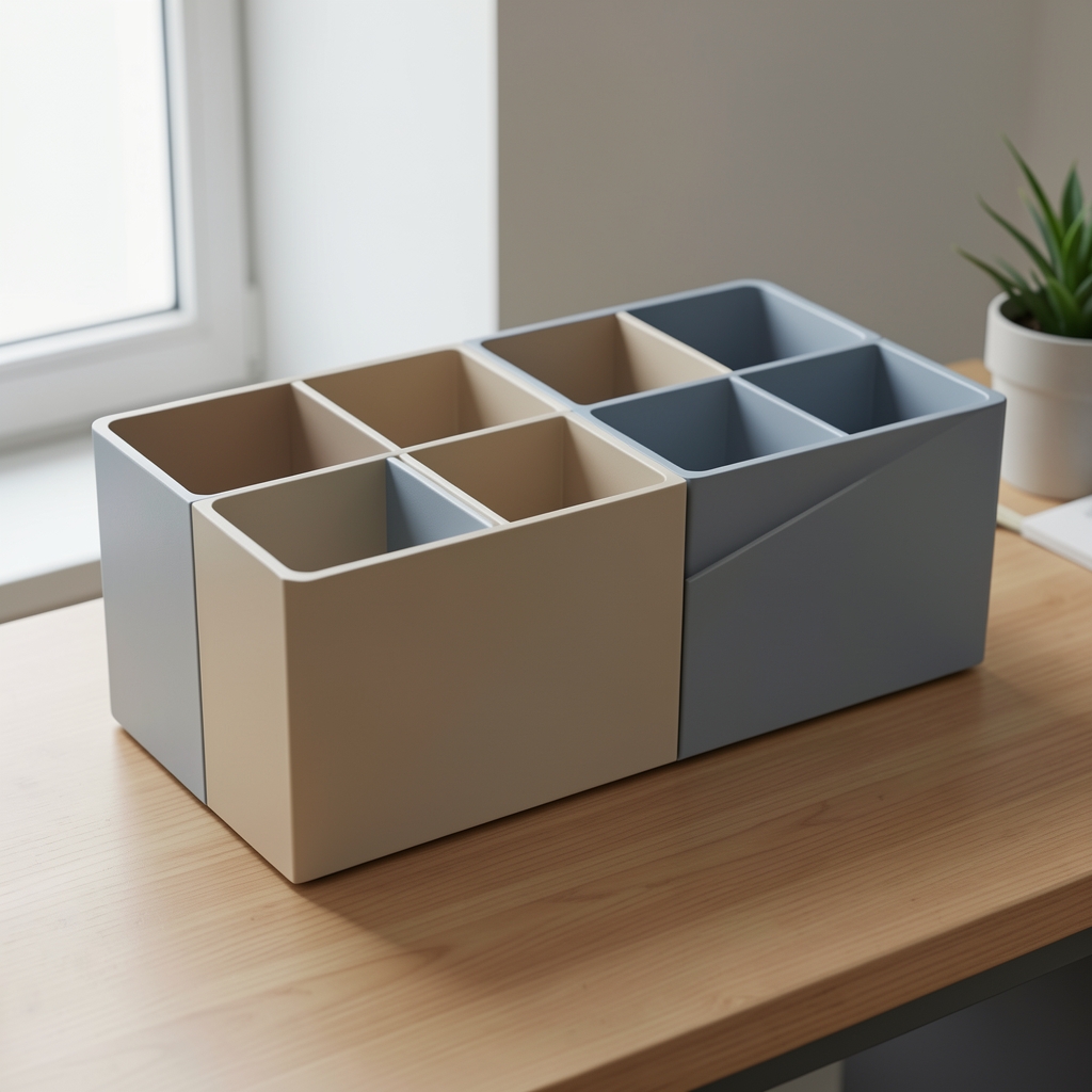 Organizador de escritorio modular con seis compartimentos en tonos beige y azul grisáceo