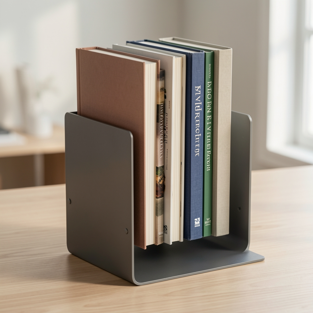 Par de soportes para libros de metal grafito con base antideslizante sosteniendo cuadernos verticales