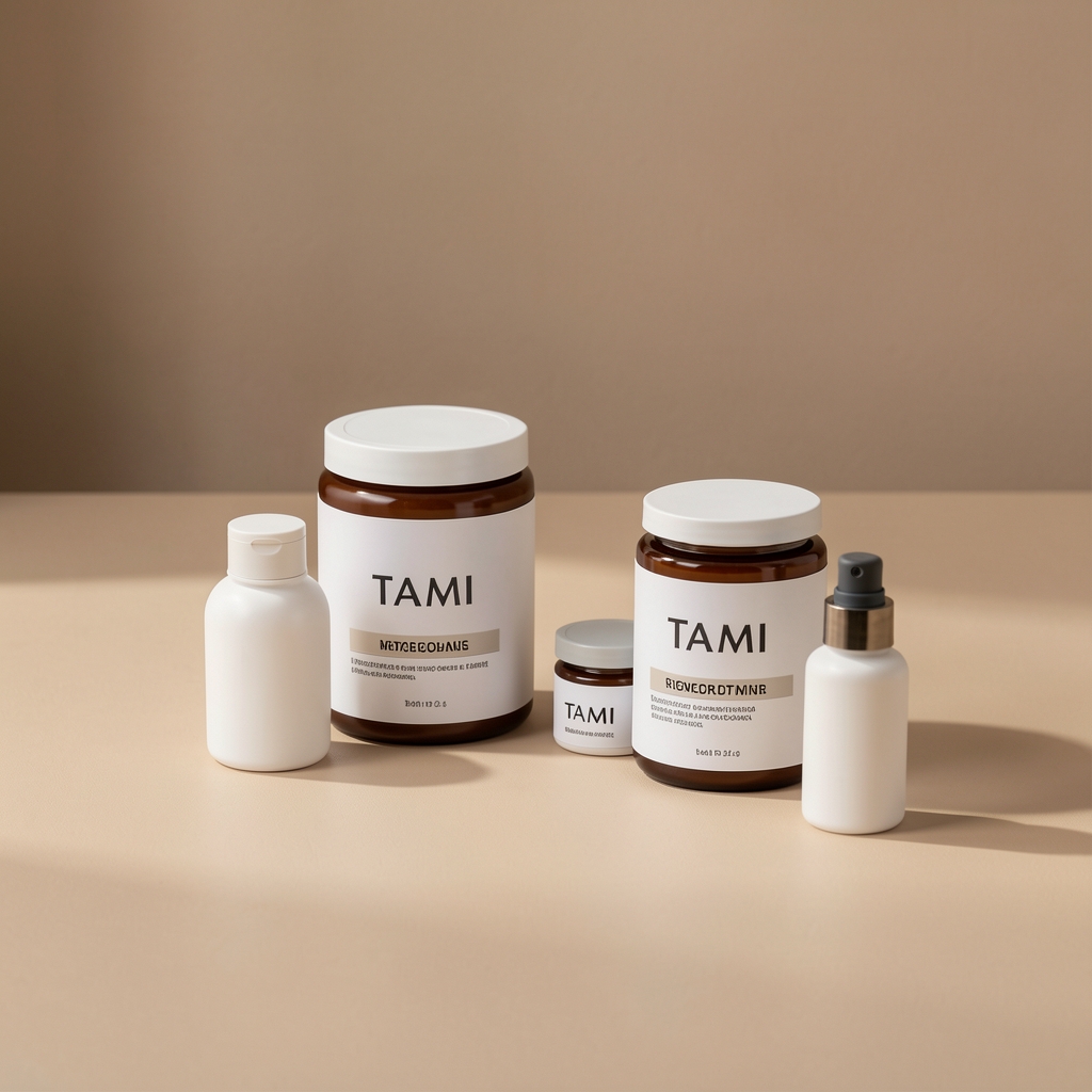 Composición de productos Tami para escritorio sobre mesa beige sin personas ni manos